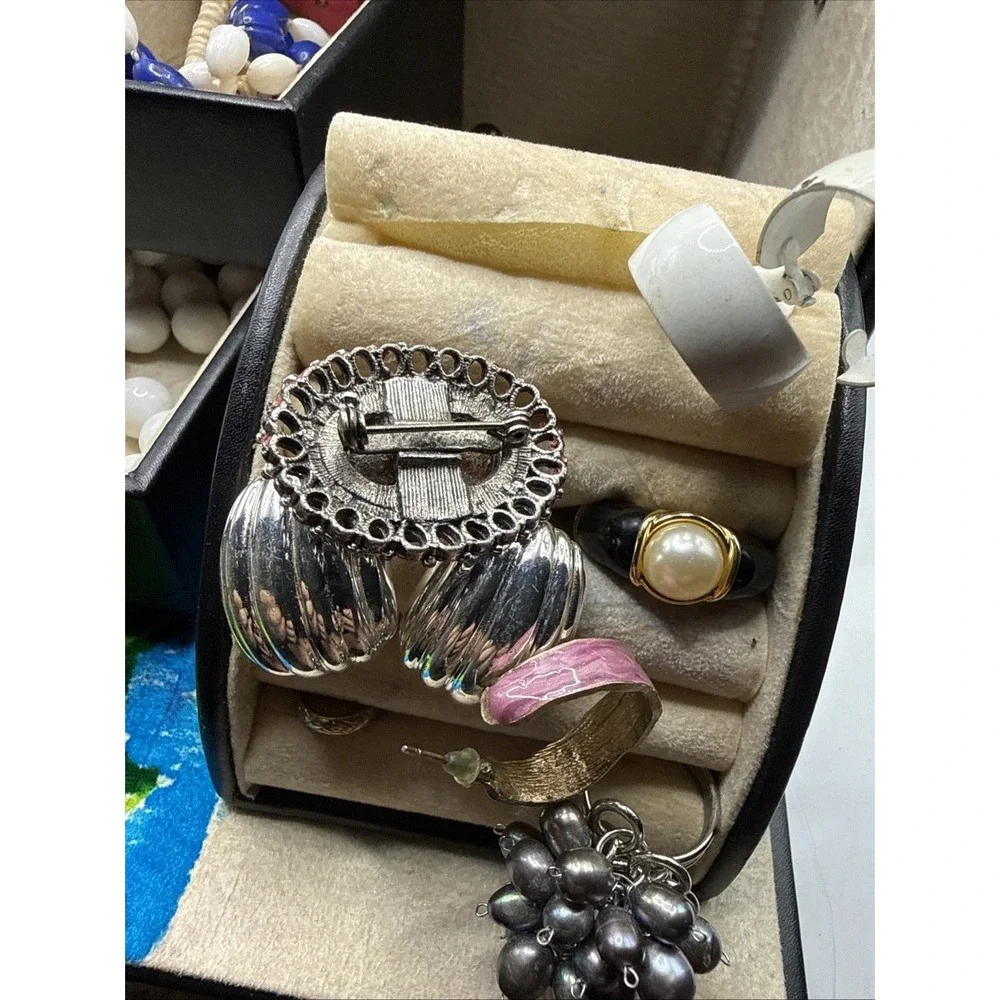 Vintage Jewelry Box Lot: Box, Necklaces, Bracelets, Rings, Earrings
